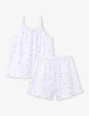 Shop The Little White Company Girlskids Lemon-print Frilled-hem Organic-cotton Pyjamas In Multi