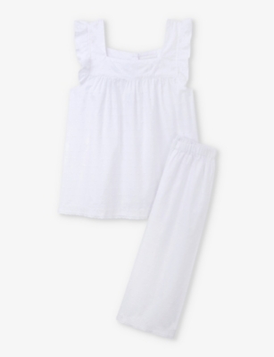 The Little White Company Girls White Kids Textured Frilled-hem Organic-cotton Pyjamas