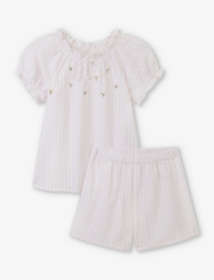 The Little White Company Girls Whitepink Kids Floral-embroidered Short-sleeve Cotton Pyjamas