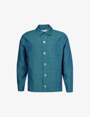 Shop Missing Clothier Patch-pocket Relaxed-fit Linen Jacket In Cyan