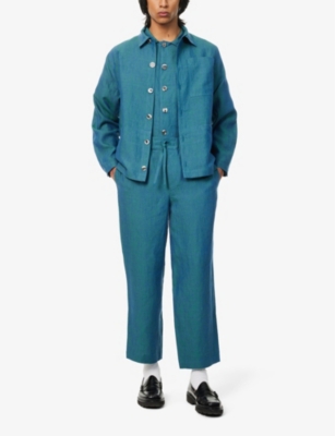 Shop Missing Clothier Men's Cyan Cropped High-rise Relaxed-fit Straight-leg Linen Trousers