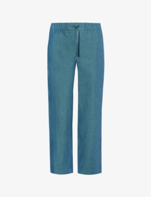 Shop Missing Clothier Men's Cyan Cropped High-rise Relaxed-fit Straight-leg Linen Trousers