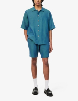 Shop Missing Clothier Men's Cyan Welt-pocket Relaxed-fit Linen Shirt