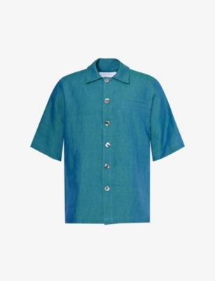 Shop Missing Clothier Mens Cyan Welt-pocket Relaxed-fit Linen Shirt
