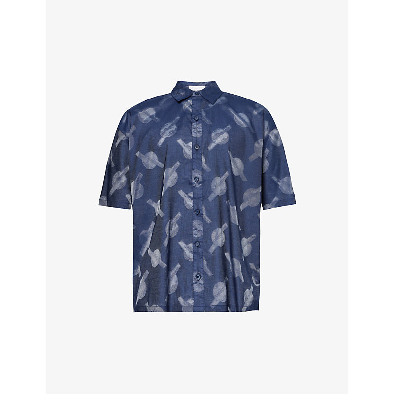 Shop Daily Paper Men's Pageant Blue Salim Logo-print Cotton-blend Shirt