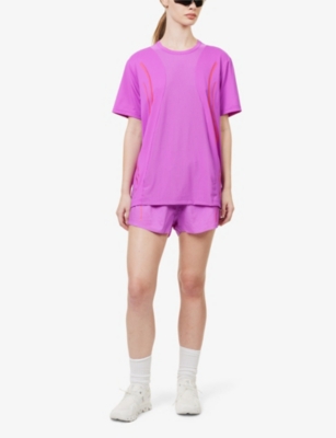 Shop Adidas By Stella Mccartney Running Brand-print Stretch-recycled-polyester T-shirt In Shock Purple