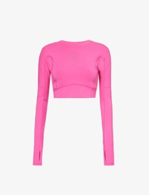 Shop Adidas By Stella Mccartney Womens Real Magenta Yoga Brand-print Stretch-woven Blend Top
