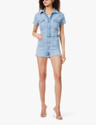 Shop Good American Women's Blue274 Fit For Success Straight-leg Stretch-denim Jumpsuit