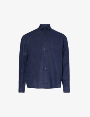 Shop Vilebrequin Men's Bleu Marine Caroubis Logo-embroidered Linen Shirt