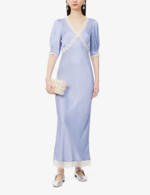 Shop Rixo London Rixo Women's Slate Blue Annina Lace-trim Satin Midi Dress