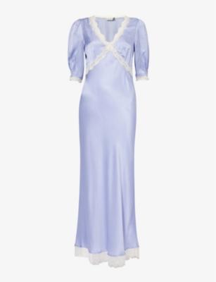 Rixo London Rixo Womens Slate Blue Annina Lace-trim Satin Midi Dress