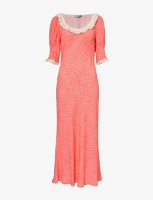 Shop Rixo London Rixo Womens Spot Coral Juliette Lace-trim Silk Woven Maxi Dress
