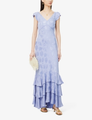 Shop Rixo London Rixo Women's Slate Blue Ossy V-neck Ruffled-hem Floral-jacquard Satin Maxi Dress