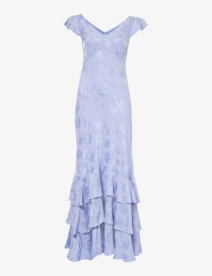 Rixo London Rixo Womens Slate Blue Ossy V-neck Ruffled-hem Floral-jacquard Satin Maxi Dress