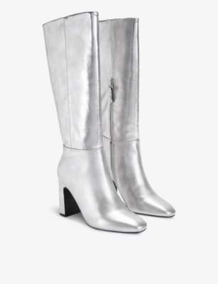 KG KURT GEIGER WOMENS SILVER TITAN HEELED FAUX-LEATHER KNEE-HIGH BOOTS 