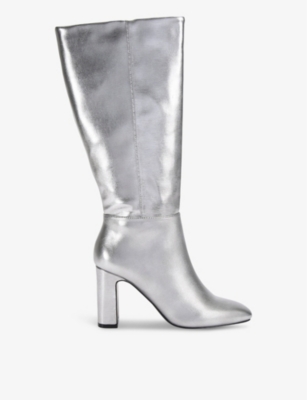 KG KURT GEIGER WOMENS SILVER TITAN HEELED FAUX-LEATHER KNEE-HIGH BOOTS 