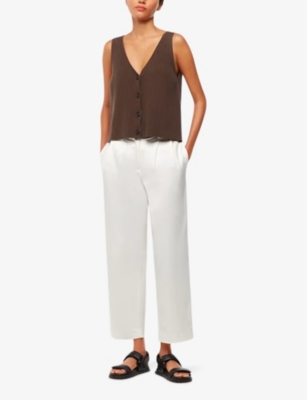 WHISTLES WOMENS WHITE BETHANY PLEATED BARREL-LEG MIS-RISE COTTON TROUSERS 