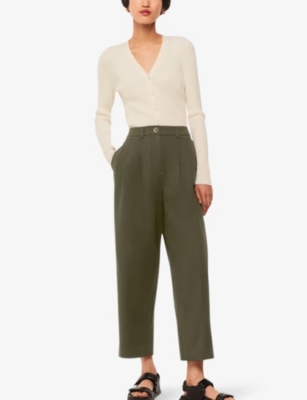 Shop Whistles Bethany Pleated Barrel-leg Mid-rise Cotton Trousers In Khaki/olive
