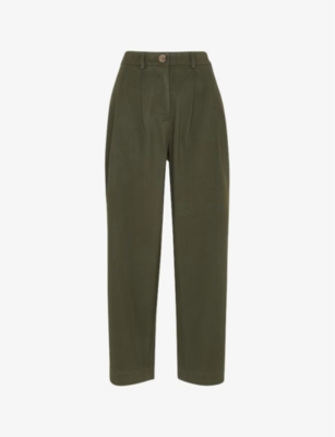 Shop Whistles Bethany Pleated Barrel-leg Mid-rise Cotton Trousers In Khaki/olive
