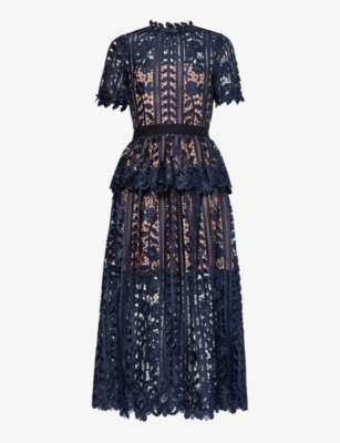 Shop Self-portrait Women's Blue Floral-pattern Round-neck Lace Midi Dress
