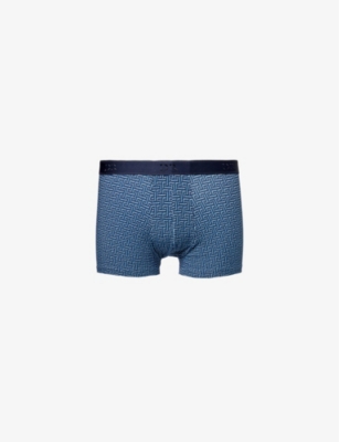 Shop Derek Rose Men's Vy Geometric Mid-rise Stretch-cotton Boxer Briefs In Navy