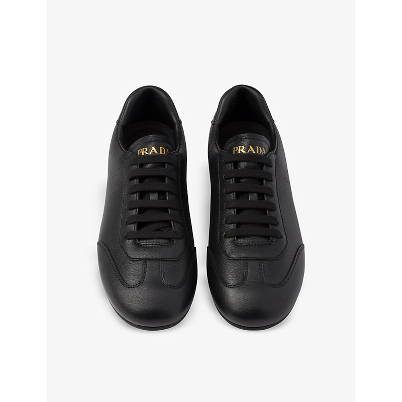 Shop Prada Womens Black Brand-plaque Panelled Leather Low-top Trainers