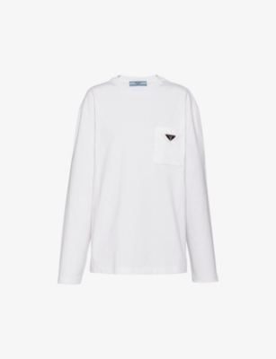 Prada Mens White Logo-plaque Oversized-fit Cotton-jersey T-shirt In White