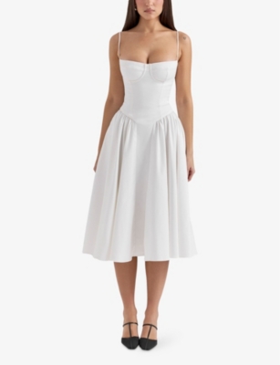 HOUSE OF CB OF CB WOMENS WHITE SAMARIA CORSETED WOVEN MIDI DRESS 
