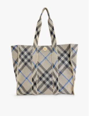 BURBERRY: Check ribbed-weave medium knit tote bag