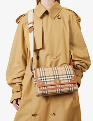 Check-print flap-front woven-blend cross-body bag