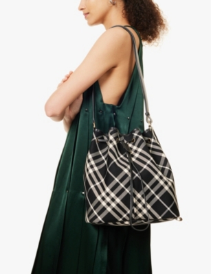 Burberry Womens  Check-pattern Bucket Cotton-twill Crossbody Bag In Black/calico