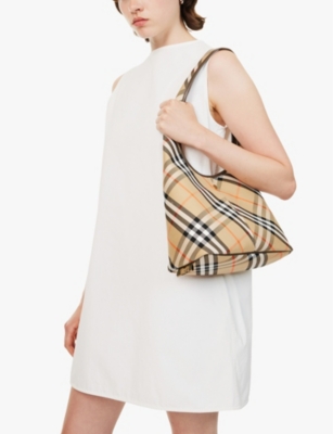 Shop Burberry Womens Sand Check-print Cotton-canvas Shoulder Bag