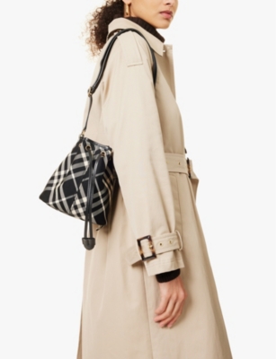 Burberry Womens  Check-pattern Bucket Cotton-twill Crossbody Bag In Black/calico