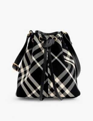 Burberry Womens  Check-pattern Bucket Cotton-twill Crossbody Bag In Black/calico