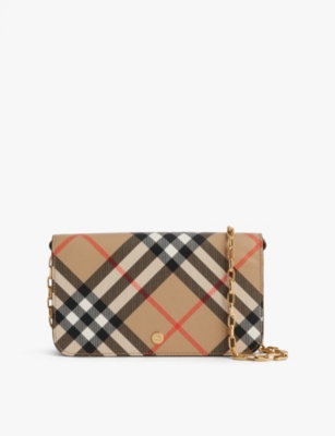 Shop Burberry Womens Sand Check Fold-over Coated-canvas Wallet-on-chain