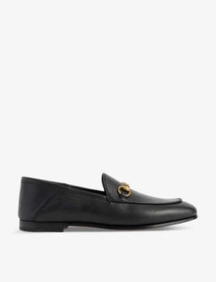 Shop Gucci Womens  Brixton Round-toe Leather Loafers In Nero