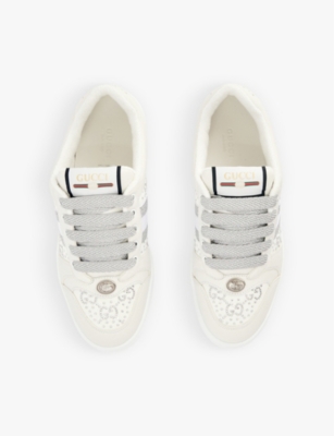 Gucci Womens G Web White Screener Brand canvas Lace up Leather Trainers ModeSens
