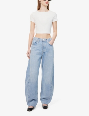Agolde 'luna' Light Blue Jeans With Logo Patch On The Rear And Fringed Hem In Void (lt Indigo)