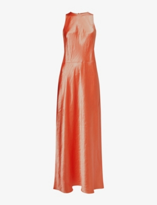 Shop Vince Women's Coral Halter-neck Crease-texture Satin Midi Dress