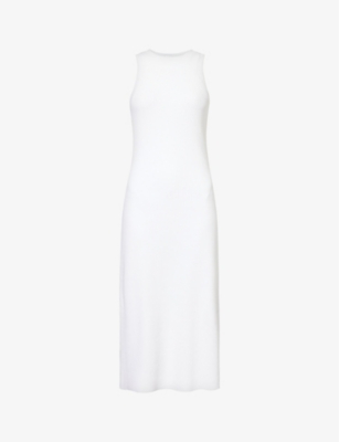 Shop Vince Flared-hem Rib-knit Cotton-blend Jersey Midi Dress In Optic White