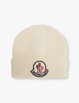 Moncler Mens White Brand-patch Wool-knit Beanie Hat