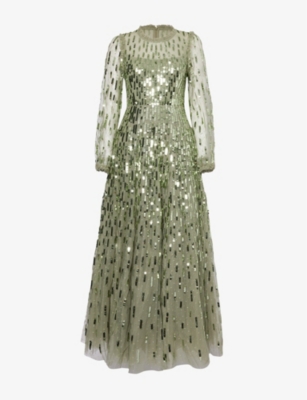 NEEDLE AND THREAD: Sequin-embellished frill-trim recycled-polyester maxi dress