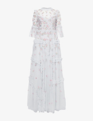 NEEDLE AND THREAD: Sequin-embellished frill-trim recycled-polyester maxi dress