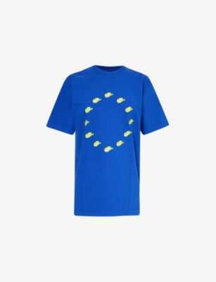 Cowboys Of Habit Womens Blue Yellow Euro Graphic-print Cotton-jersey T-shirt