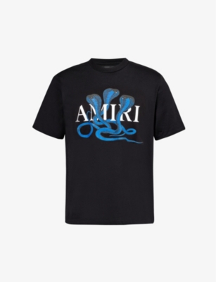 Shop Amiri Men's Black Blue Brand-embellished Crewneck Cotton-jersey T-shirt