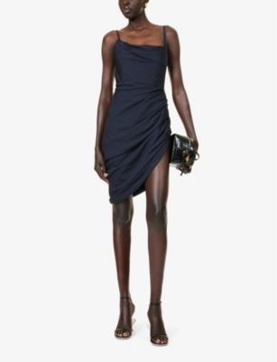 Shop Jacquemus Saudade Open-back Asymmetric Woven Mini Dress In Dark Navy