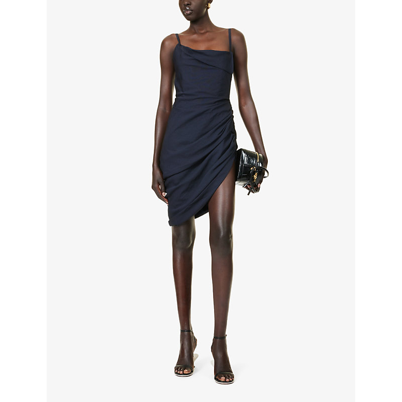 Shop Jacquemus Women's Dark Navy Saudade Open-back Asymmetric Woven Mini Dress