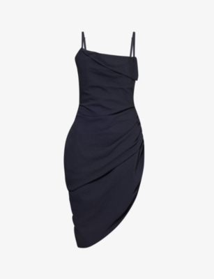 Shop Jacquemus Women's Dark Navy Saudade Open-back Asymmetric Woven Mini Dress