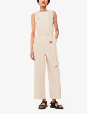 Shop Whistles Blake Sleeveless Cotton Dungarees In Cream