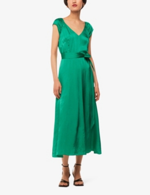 Shop Whistles Women's Green Arie Cap-sleeved Belted Satin Midi Dress
